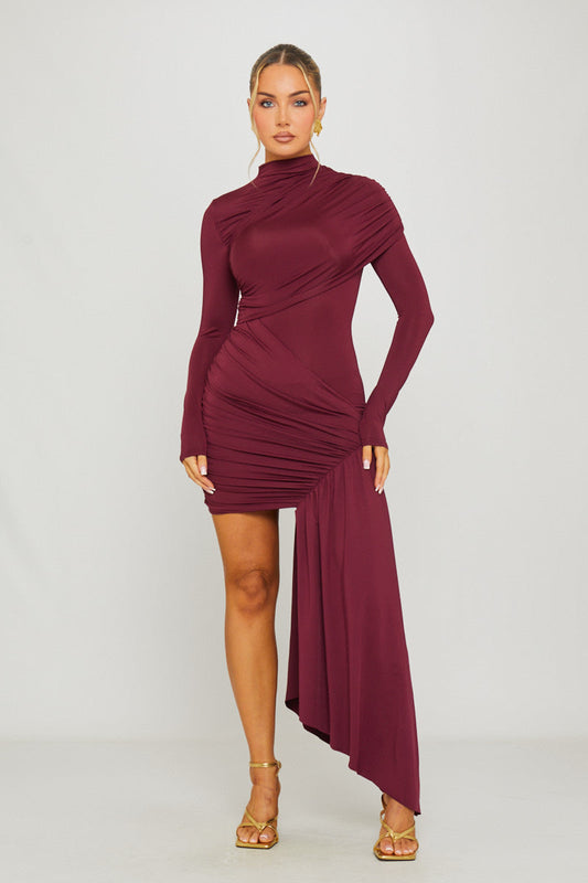 Wine Draped Mini Dress – High Neck & Long Sleeves