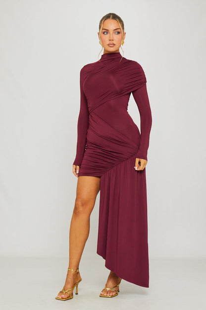 Wine Draped Mini Dress – High Neck & Long Sleeves