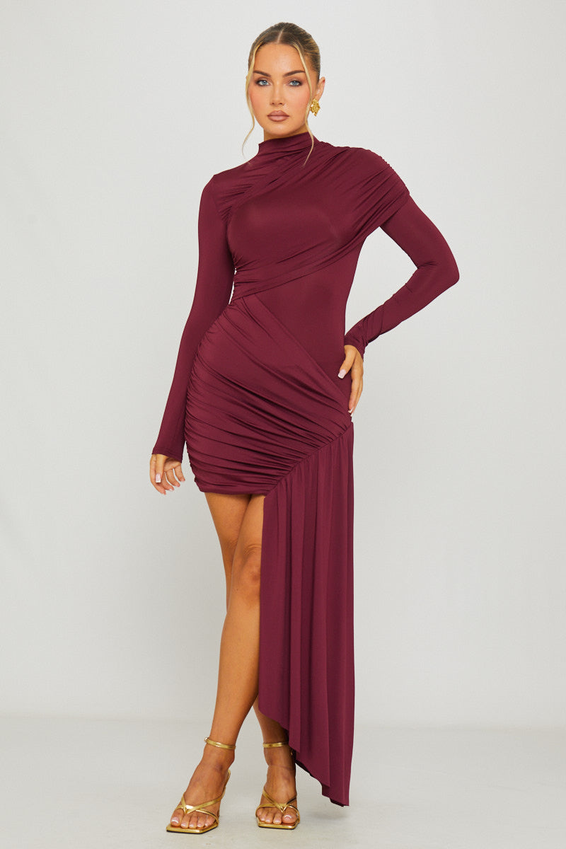 Wine Draped Mini Dress – High Neck & Long Sleeves