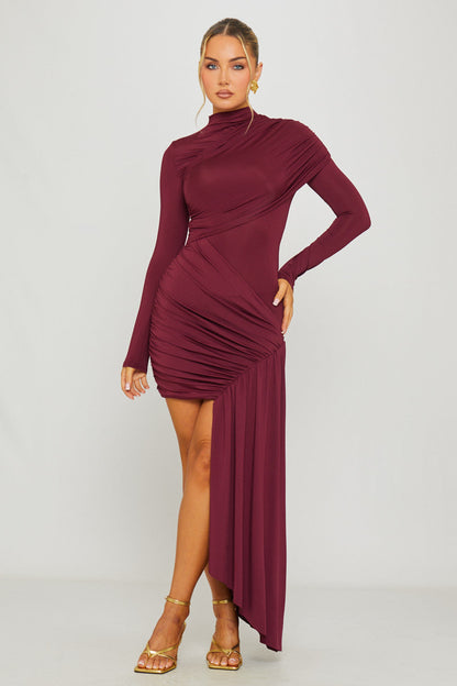 Wine Draped Mini Dress – High Neck & Long Sleeves