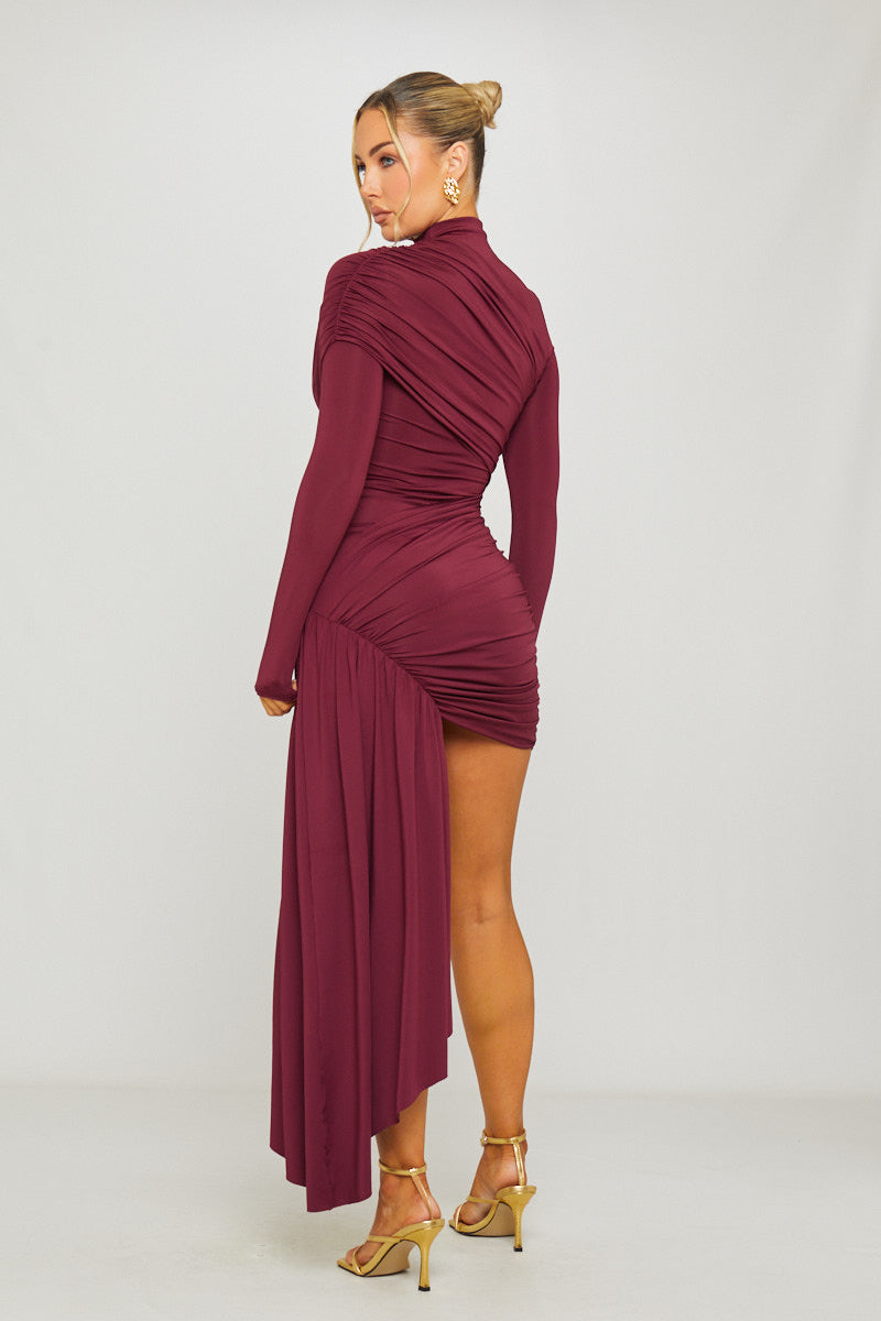 Wine Draped Mini Dress – High Neck & Long Sleeves